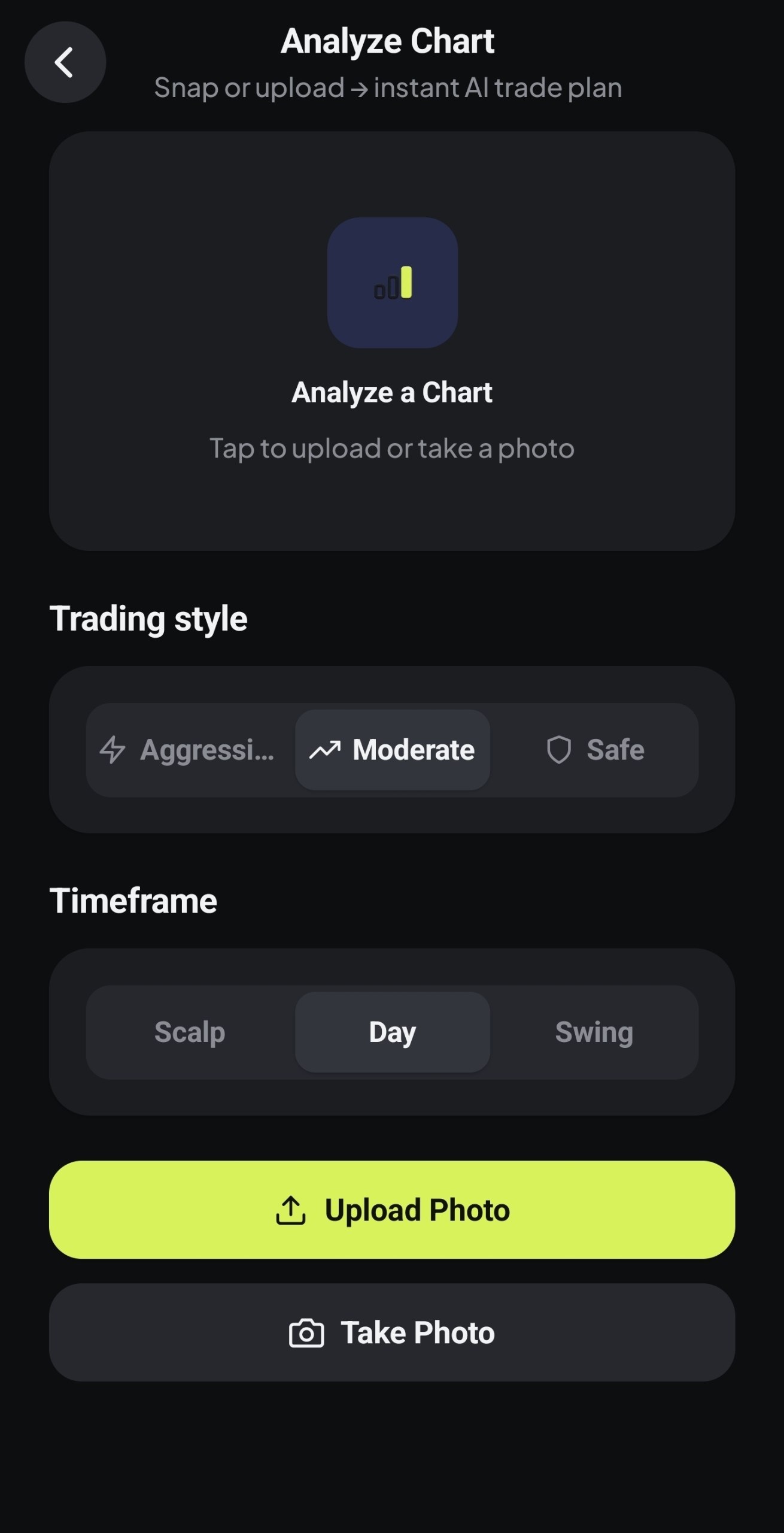 Analyze a chart in VANTIQX: snap or upload, pick a style and timeframe, get an AI trade plan