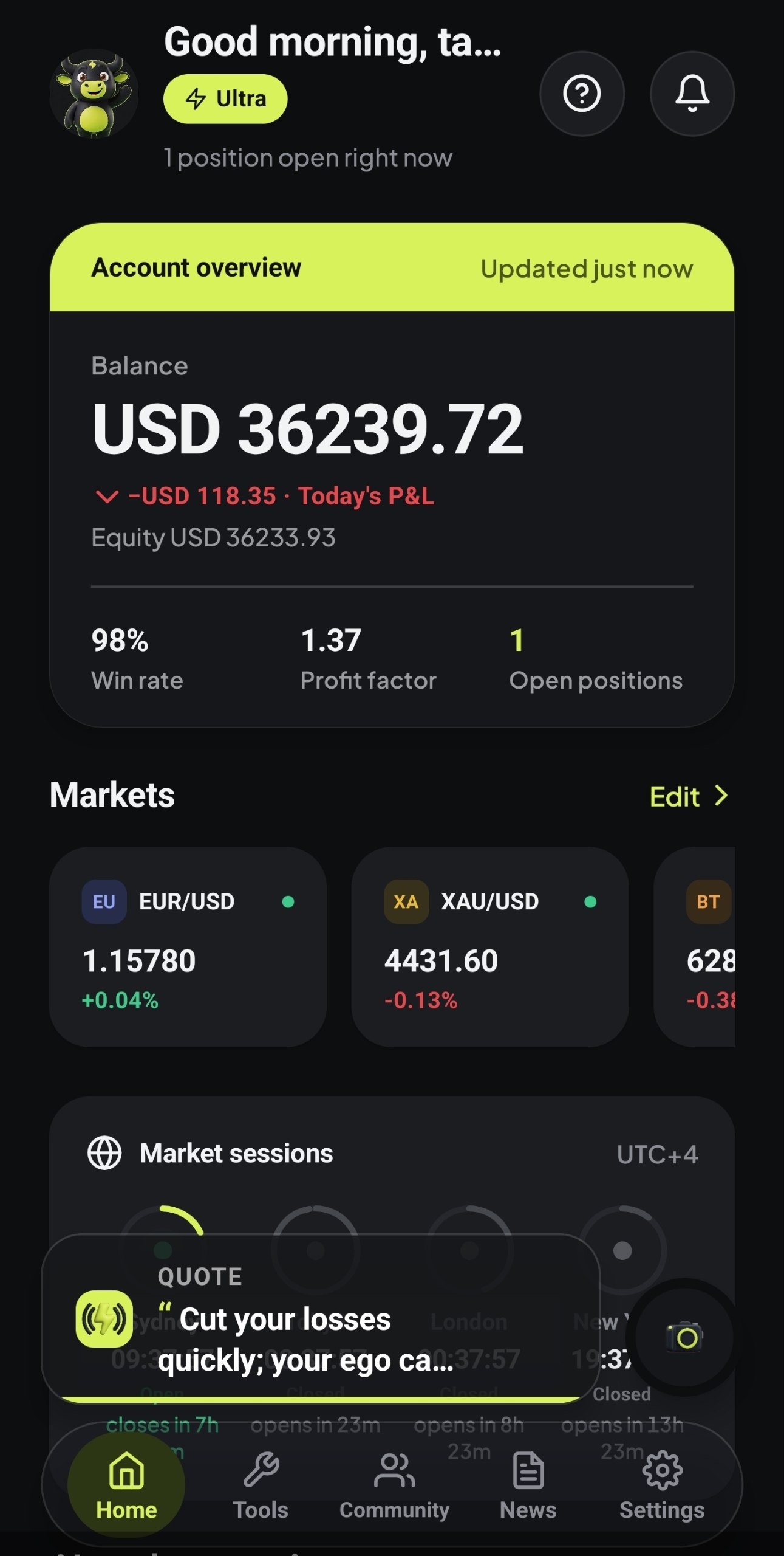 VANTIQX home: live account, markets, session clock and the AI market overview